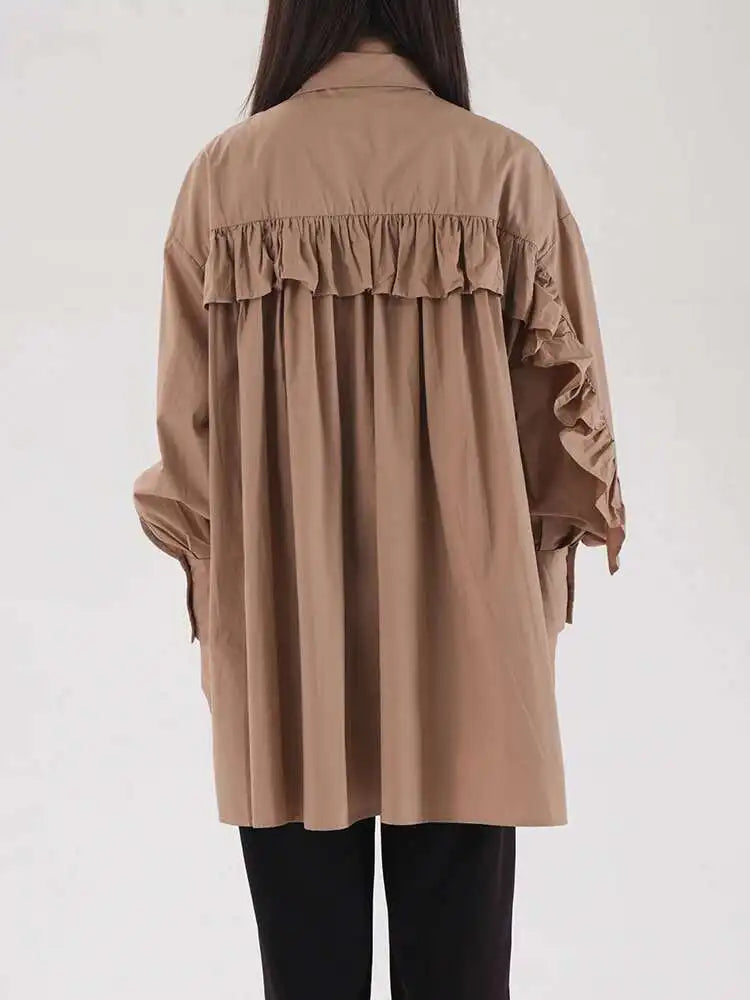 omen Khaki Ruffles Irregular Big Size Long Blouse New Lapel Long Sleeve Shirt Fashion Tide Spring Autumn 2025 2AA4728