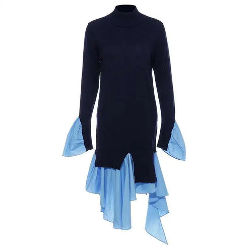 Load image into Gallery viewer, Women Blue Knitting Ruffles Irregular Elegant Dress New Turtleneck Long Sleeve Fashion Tide Spring Autumn 2025 1DH4512
