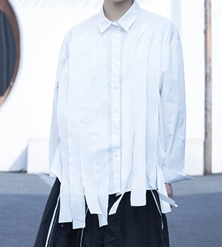 Solid Patchwork Single Breasted Casual Loose Blouses For Women Lapel Long Sleeve Spliced Tassel Ribbon Shirt Female