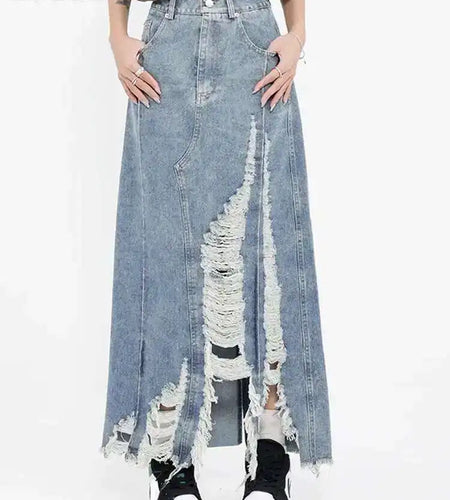 High Waist Blue Denim Holes Irregular Burr Long Casual Half-body Skirt Women Fashion Tide New Spring Autumn 2025 1DF6983