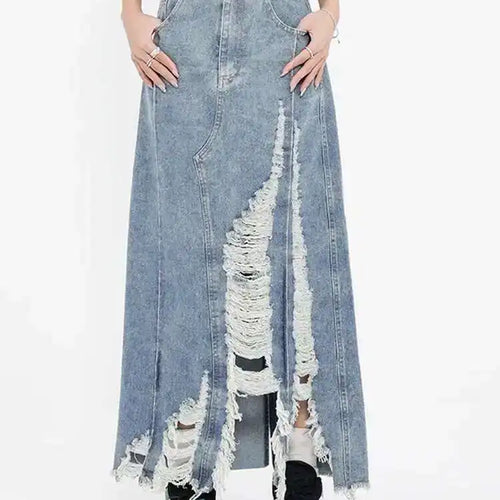 Load image into Gallery viewer, High Waist Blue Denim Holes Irregular Burr Long Casual Half-body Skirt Women Fashion Tide New Spring Autumn 2025 1DF6983
