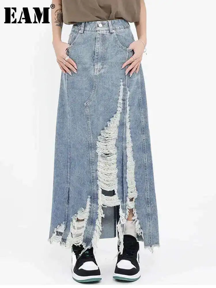 High Waist Blue Denim Holes Irregular Burr Long Casual Half-body Skirt Women Fashion Tide New Spring Autumn 2025 1DF6983