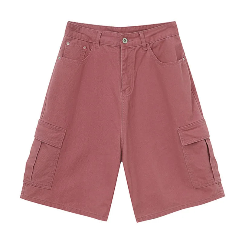 Summer New Trendy Men's Denim Shorts Retro Washed Wide Leg Short Jeans Straight Solid Color Male Casual Bottoms 9C6402