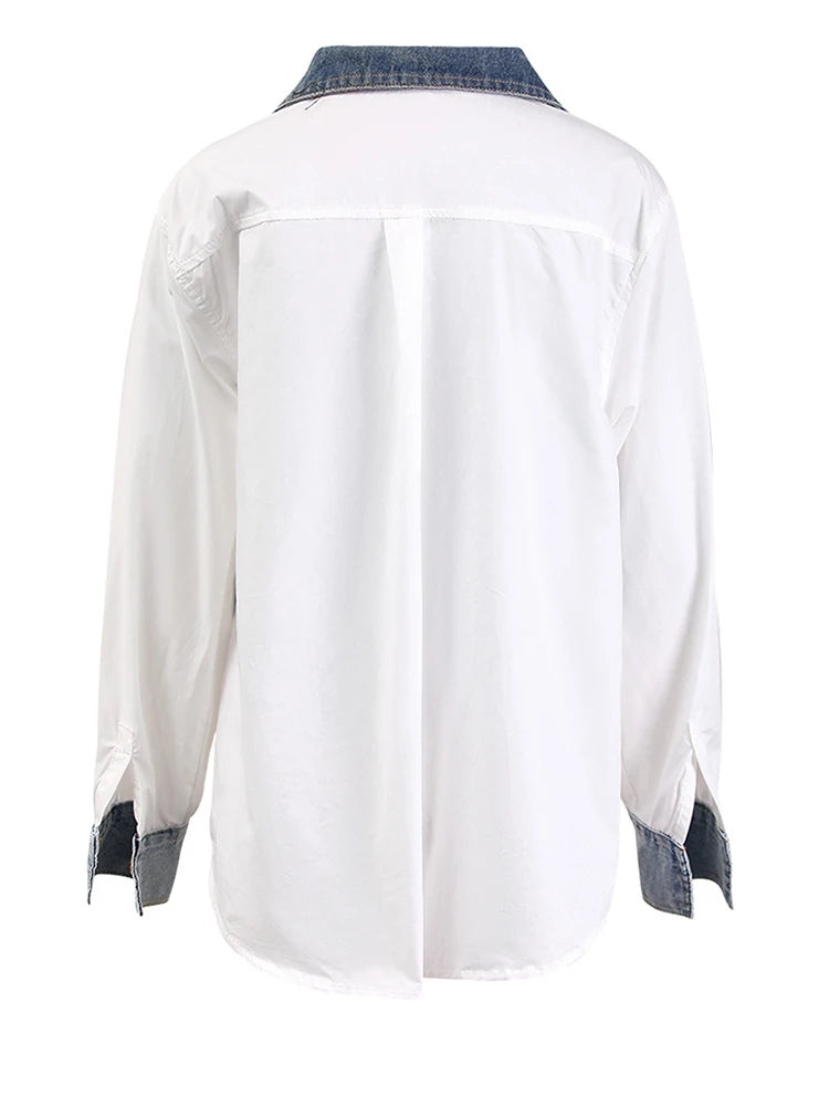 Women White Denim Color-block Big Size Elegant Blouse New Lapel Long Sleeve Shirt Fashion Tide Spring Autumn 2025 CPDB122