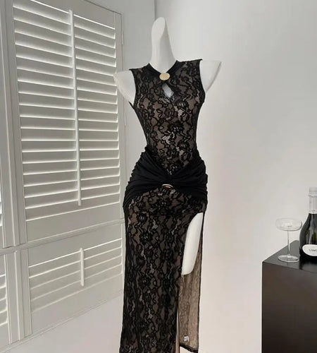 Chinese Style Women Black Patchwork Lace Elegant Slim Wrap Hip Pleated Vest Long Dress Summer Sleeveless Vacation Party Dresses