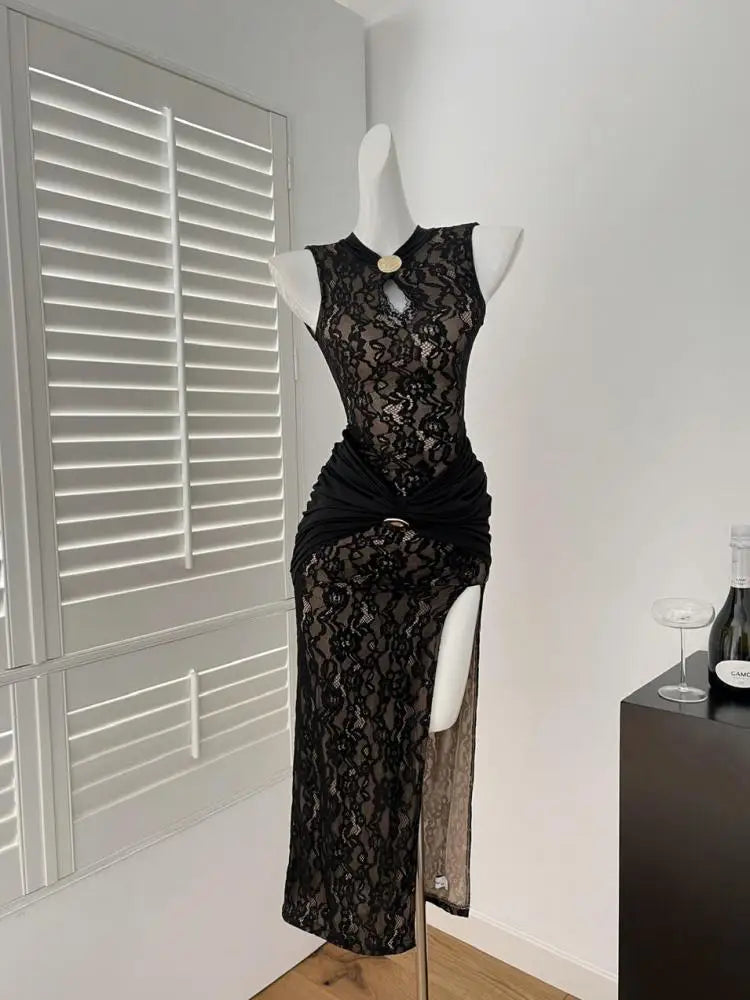 Chinese Style Women Black Patchwork Lace Elegant Slim Wrap Hip Pleated Vest Long Dress Summer Sleeveless Vacation Party Dresses