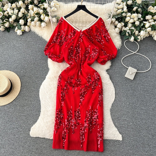 Load image into Gallery viewer, Patchwork Sequins Dresses For Women Slash Neck Puff Sleeve High Waist Spliced Mesh Dress Female Fashion Clothes
