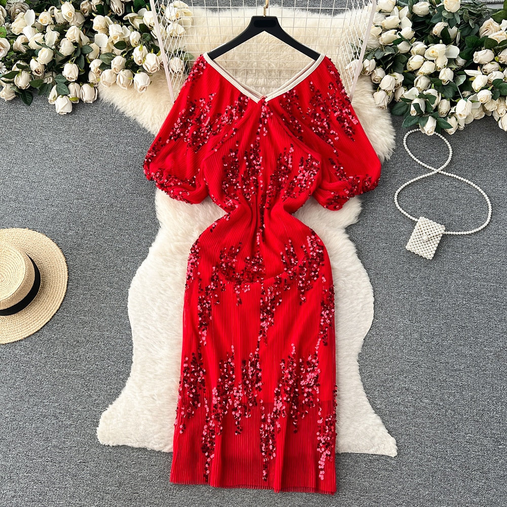 Patchwork Sequins Dresses For Women Slash Neck Puff Sleeve High Waist Spliced Mesh Dress Female Fashion Clothes