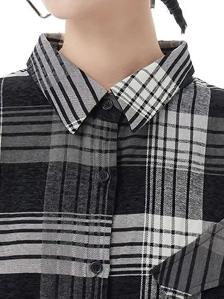 Women Plaid Big Size Knee-Length Shirt Dress New Lapel Long Sleeve A-line Loose Fit Fashion Spring Autumn 2025 1DH2091