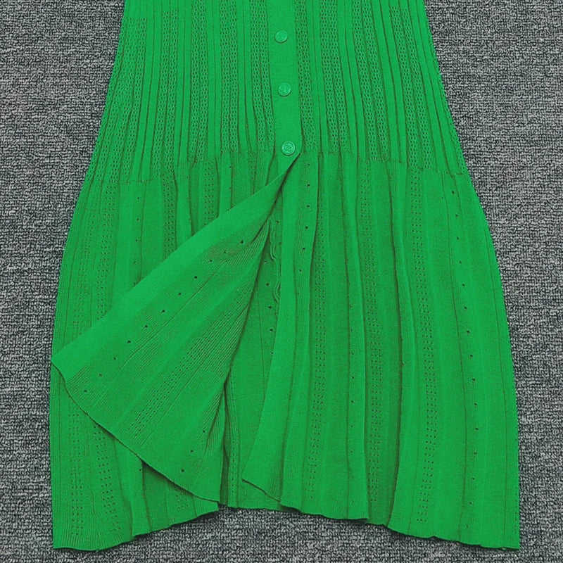 French Fashion Women Black Patchwork Single Breasted Elegant Knit Dress Autumn Beige Green Long Sleeve Slim Split Dresses Ladies