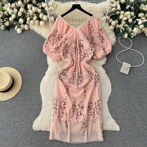 Load image into Gallery viewer, Patchwork Sequins Dresses For Women Slash Neck Puff Sleeve High Waist Spliced Mesh Dress Female Fashion Clothes
