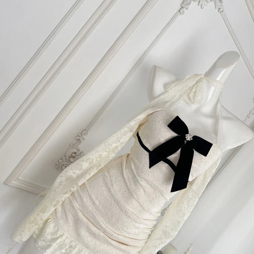 Load image into Gallery viewer, Autumn Winter Fashion Beige Lace Elegant Slim Birthday Party Dresses For Women's New Long Sleeves Ruffles Bow Halter Short Dress
