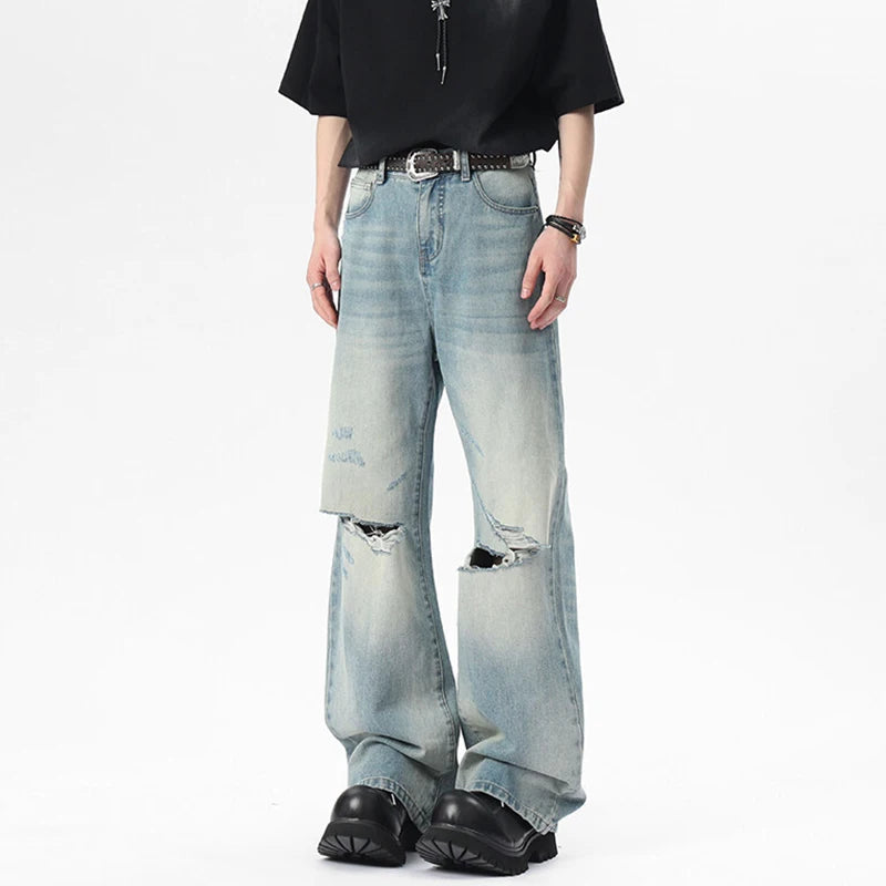 Men's Jeans New Summer American Style Hole Design Distressed Cat Beard Trendy Gradient Color Male Casual Trousers 9W1806