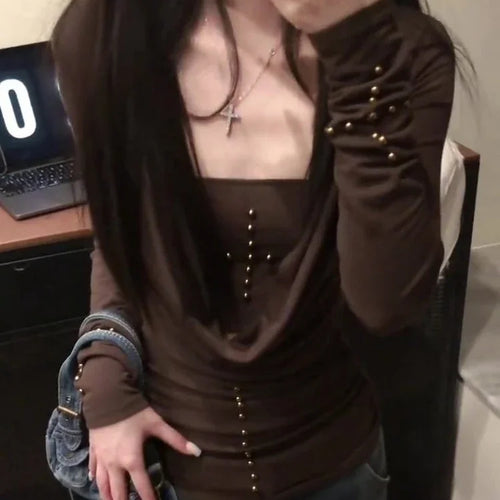 Load image into Gallery viewer, Black Beading Woman T Shirt Y2k Tops Slash Neck Long Sleeve Tees Fashion Korean Sexy Camisetas 2025 Ropa Mujer Casual Tshirts
