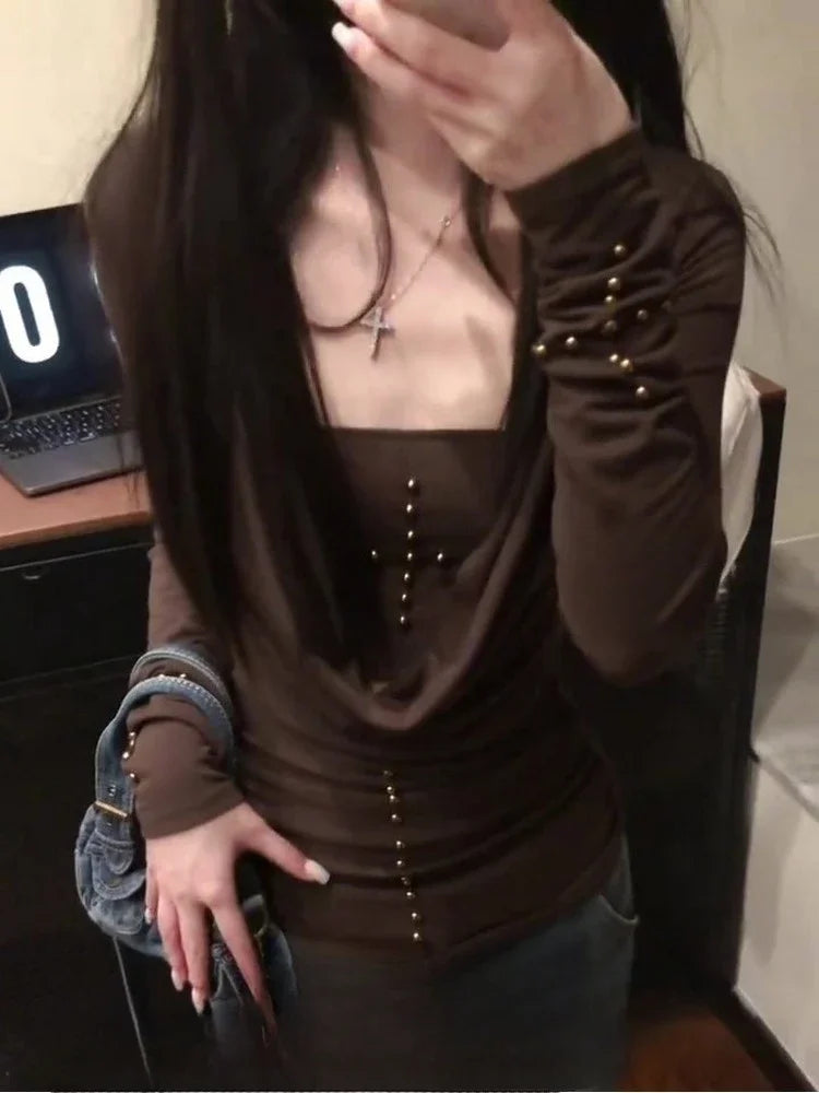 Black Beading Woman T Shirt Y2k Tops Slash Neck Long Sleeve Tees Fashion Korean Sexy Camisetas 2025 Ropa Mujer Casual Tshirts