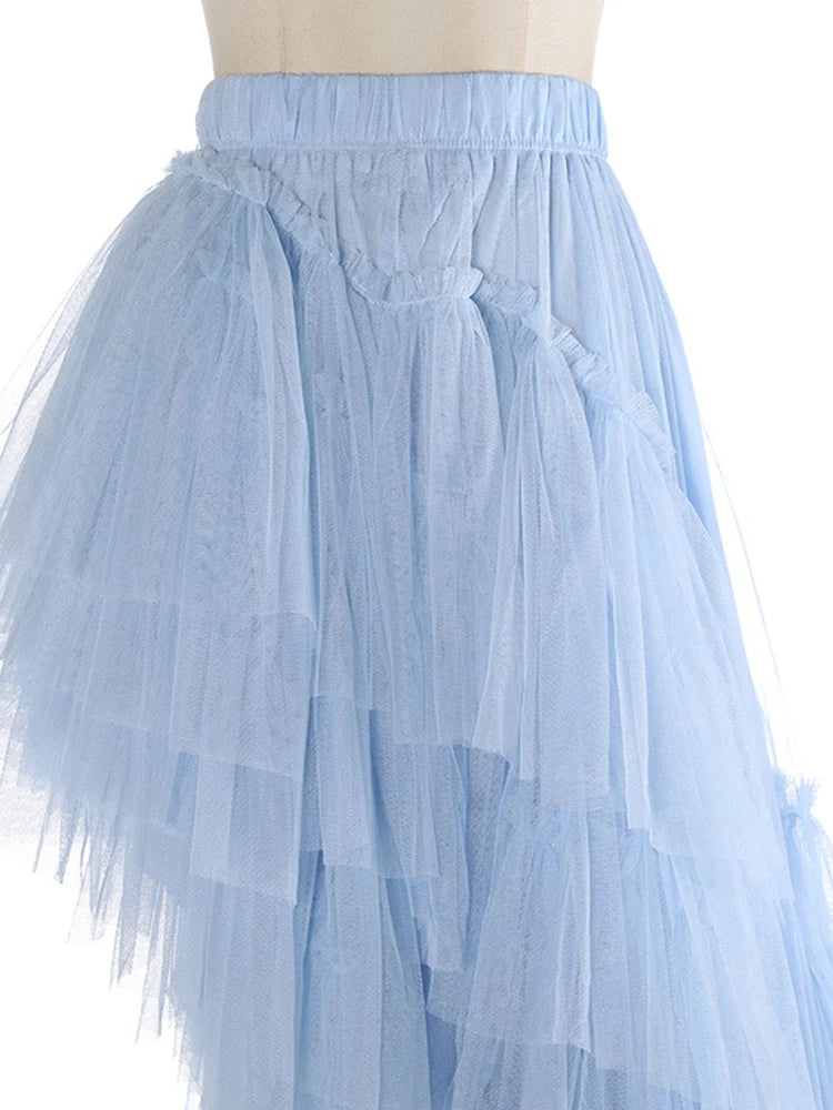 High Elastic Waist Blue Irregular Mesh Layers Cake Half-body Skirt Women Fashion Tide New Spring Autumn 2025 1DH9418
