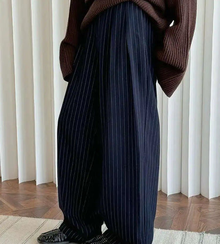 High Waist Navy Blue Striped Pleated Long Wide Leg Pants New Trousers Women Fashion Tide Spring Autumn 2025 1DH8669