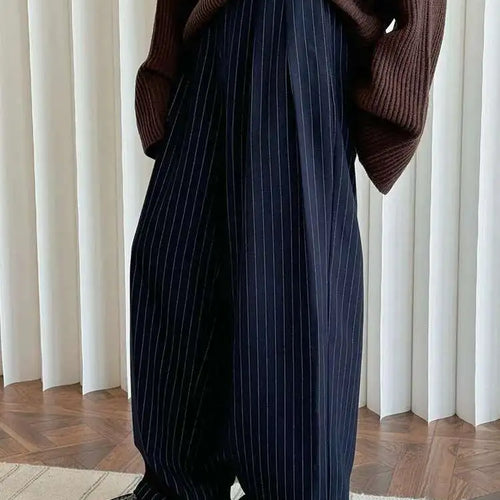 Load image into Gallery viewer, High Waist Navy Blue Striped Pleated Long Wide Leg Pants New Trousers Women Fashion Tide Spring Autumn 2025 1DH8669
