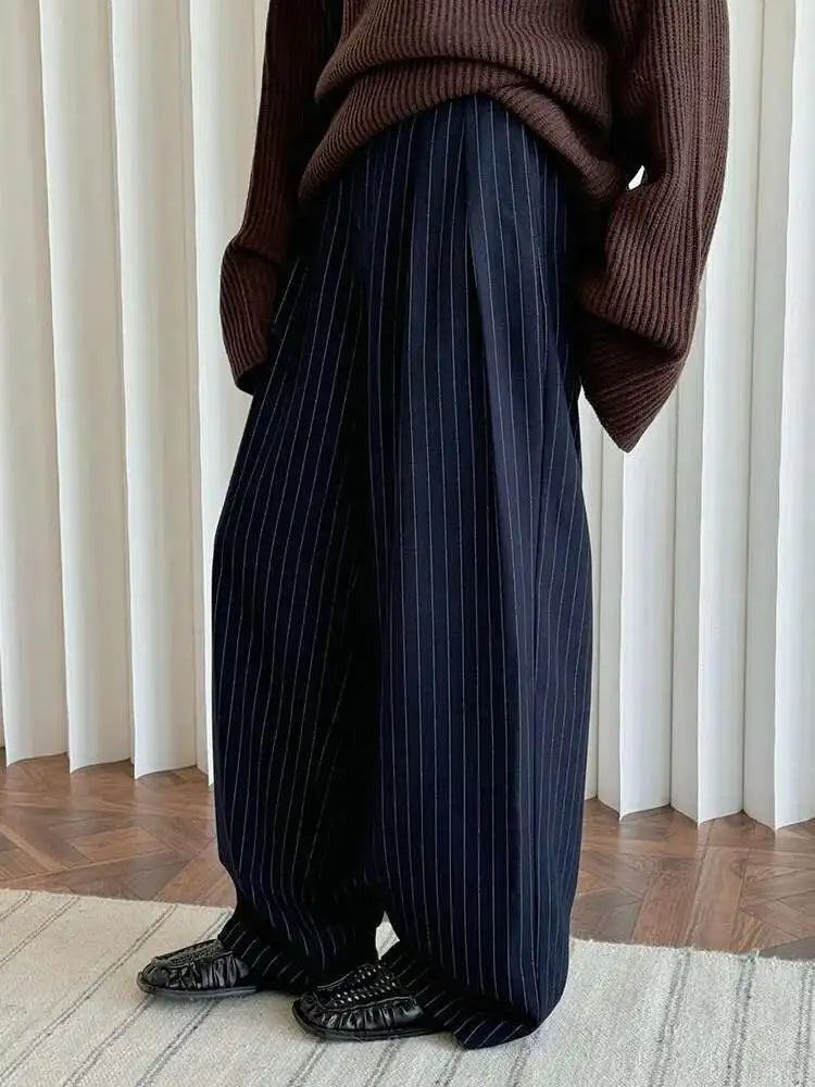 High Waist Navy Blue Striped Pleated Long Wide Leg Pants New Trousers Women Fashion Tide Spring Autumn 2025 1DH8669