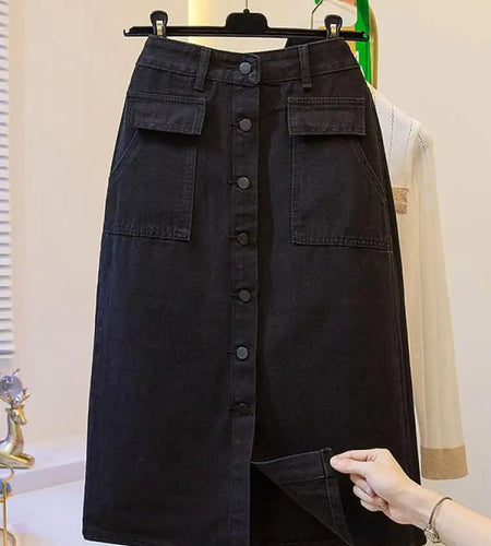 Fashion Autumn Black Denim Skirt Women High Waist Single-breasted Front Slit Jean Skirts With Pockets Oversized A-line Vintage