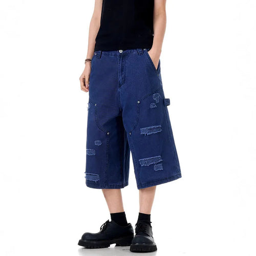 Load image into Gallery viewer, Men's Jeans New American Washed Distressed Denim Shorts High Street Loose Wide Leg Cropped Pants Solid Color Bottoms 9W1715
