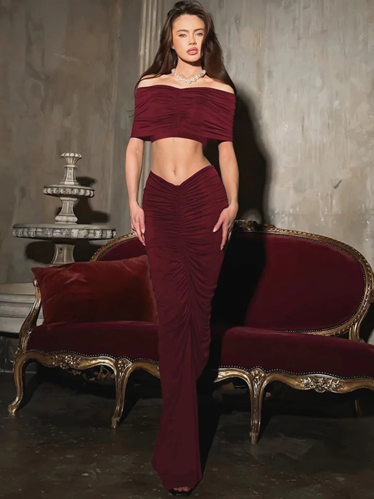 Sexy Skirt Two Peces Sets Women Elegant Off-shoulder Slim Fit Crop Top And Bodycon Skirt Two Peces Sets Ladies Outfits