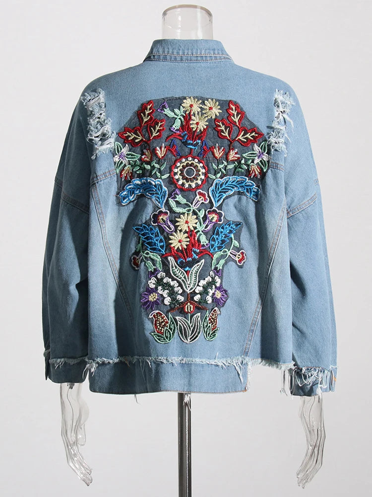 Spliced Pocket Embroidery Denim Jacket For Women Lapel Long Sleeve Patchwork Button Casual Loose Jackets Female New