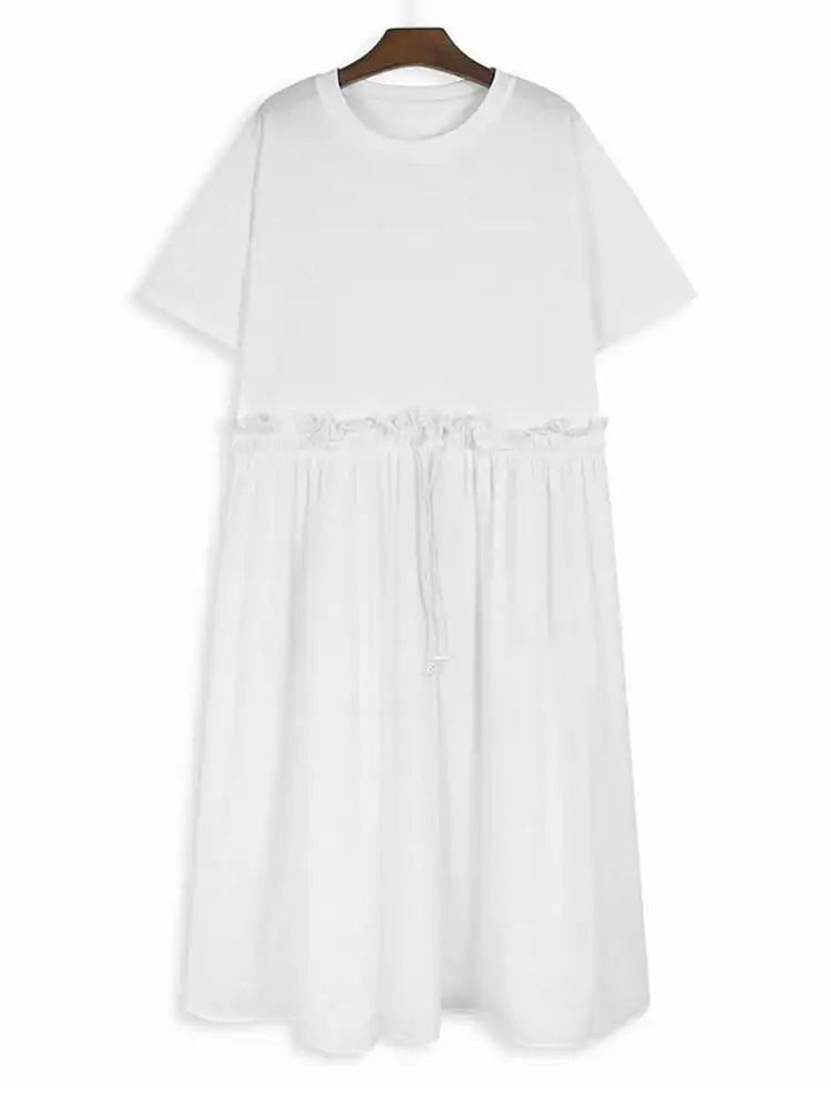 Women Black Pleated Drawstring Big Size Midi Dress New Round Neck Short Sleeve Fashion Tide Spring Summer 2025  1DH6181