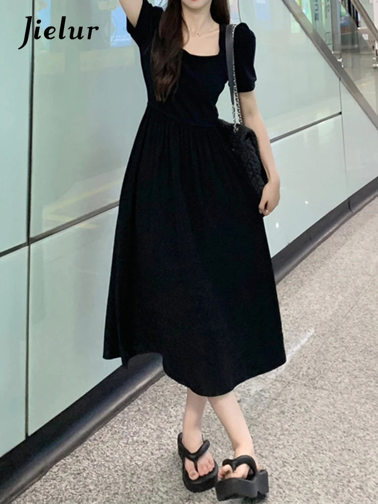 French Style Black Elegant Slim Women Dress Puff Sleeve Square Neck Split Fashion Female Dresses Summer Solid Color Dress