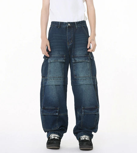 Multi Pockets Patchwork Design Men's Cargo Jeans American Style Solid Color Straight Wide Leg Loose Male Denim Pants 9W1269