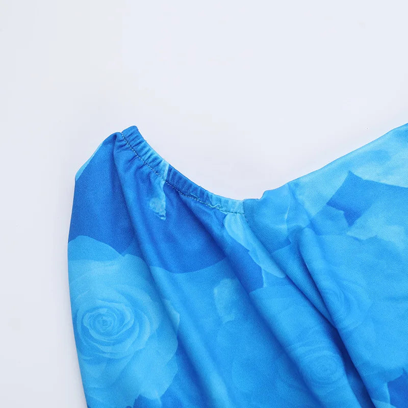 Blue Floral Print Sexy Maxi Dress For Women Gown Autumn New Square Collar Long Sleeve Lace-up Sexy Long Dress Elegant