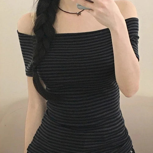 Load image into Gallery viewer, Y2k Aesthetics Stripes Slash Neck Tops Women Harajuku Casual Streetwear T-shirt Vintage Bodycon Simple Tshirts Grunge E-girls
