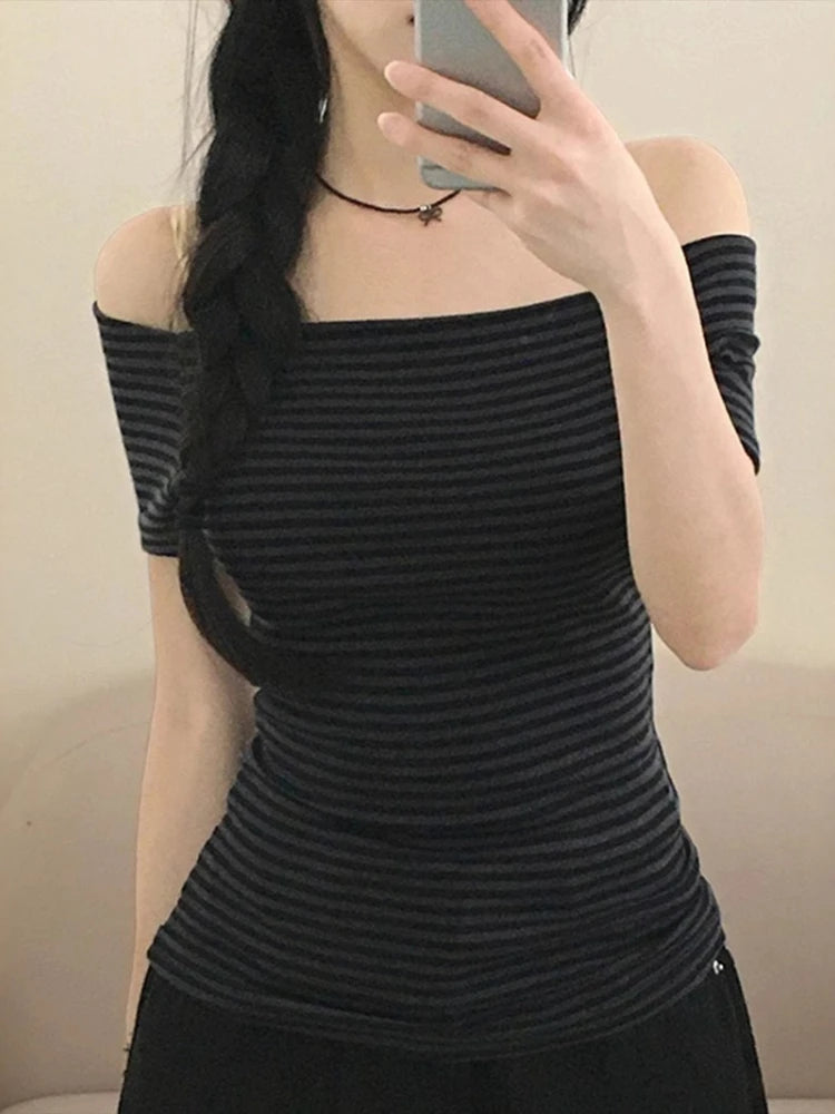 Y2k Aesthetics Stripes Slash Neck Tops Women Harajuku Casual Streetwear T-shirt Vintage Bodycon Simple Tshirts Grunge E-girls