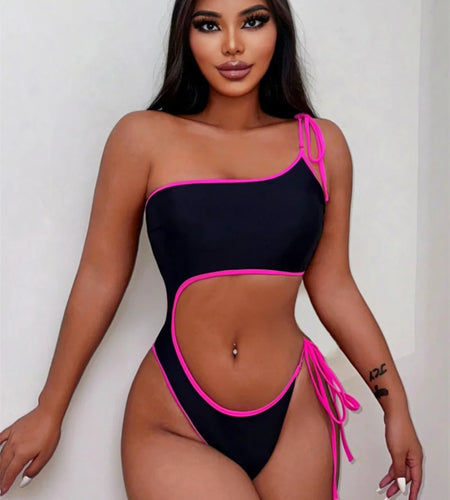 Sexy Asymmetric One Shoulder Cut Out One Piece Swimsuit 2024 Swimwear for Women Drawstring Bathing Suit Monokini