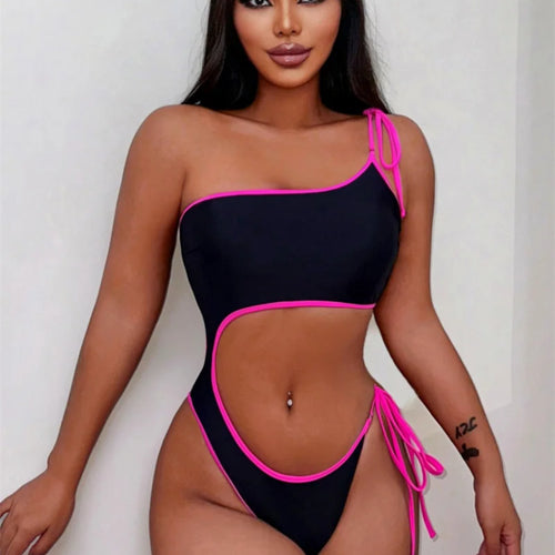 Load image into Gallery viewer, Sexy Asymmetric One Shoulder Cut Out One Piece Swimsuit 2024 Swimwear for Women Drawstring Bathing Suit Monokini
