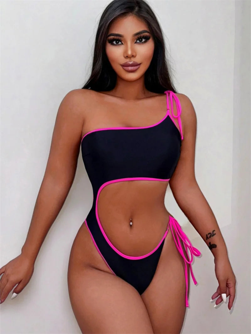 Sexy Asymmetric One Shoulder Cut Out One Piece Swimsuit 2024 Swimwear for Women Drawstring Bathing Suit Monokini