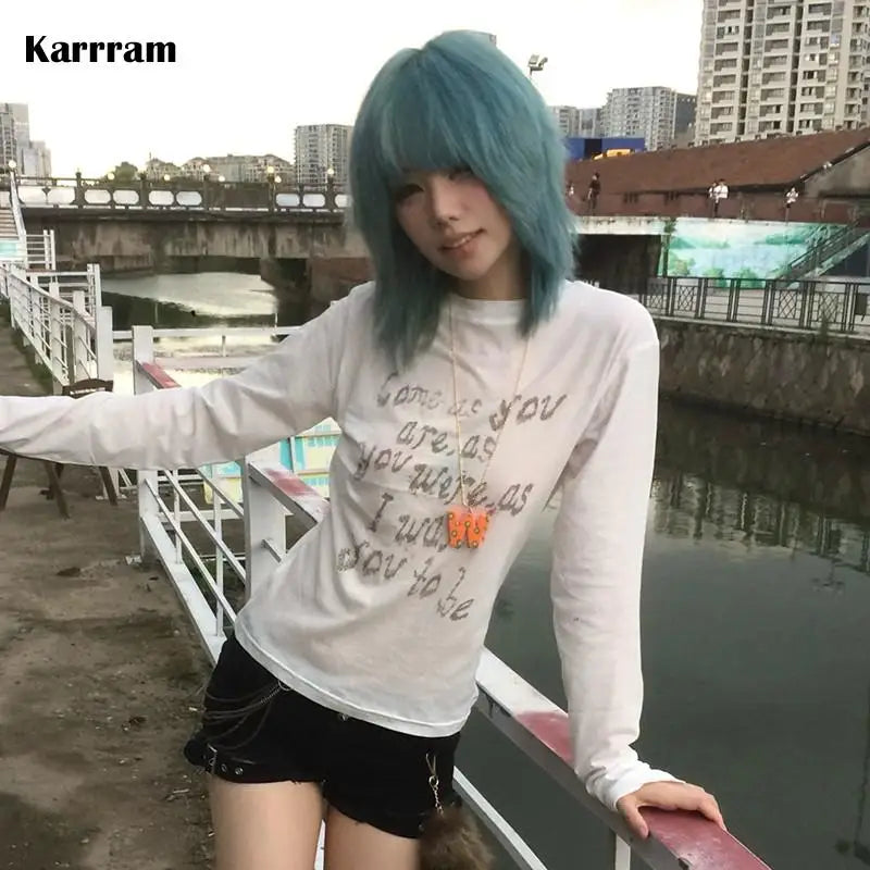 Japanese Y2k Letter Print T-shirt Trashy 2000s Style Long Sleeve T Shirt Vintage Harajuku Distressed Tops American Retro