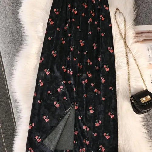 Load image into Gallery viewer, Women's Spring Autumn New Print Gold Velvet Slim Split Package Hip Skirts Ladies High Waist A-line Pleated Skirt Vintage French
