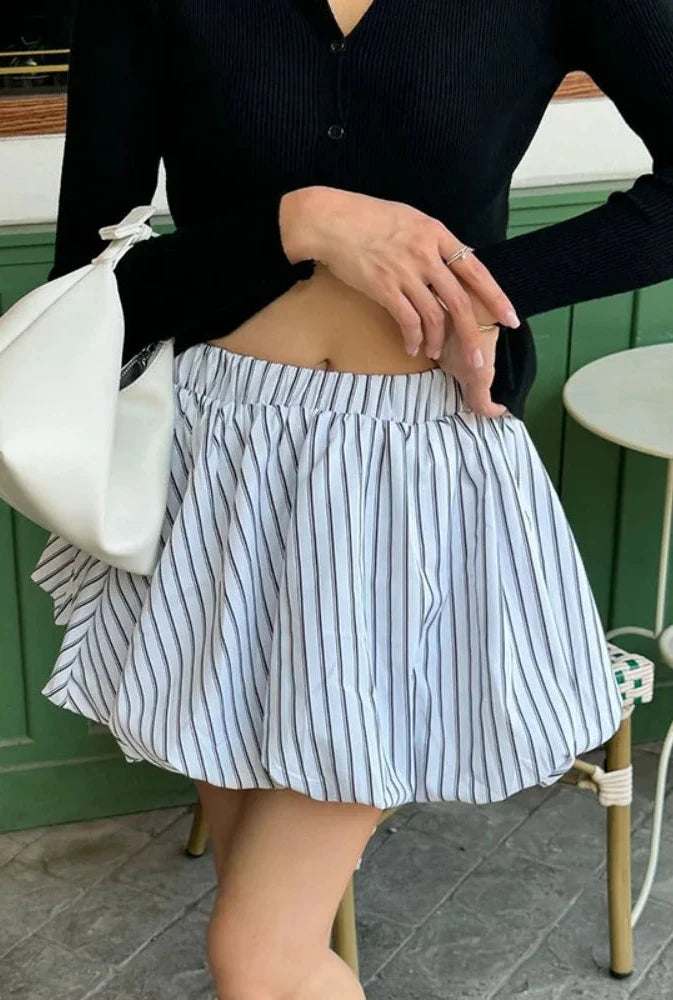 Elastic Waist Cute Pink Striped Print Mini Skirt High Waisted Bubble Skirts for Woman Trending 2024 C96-BH14