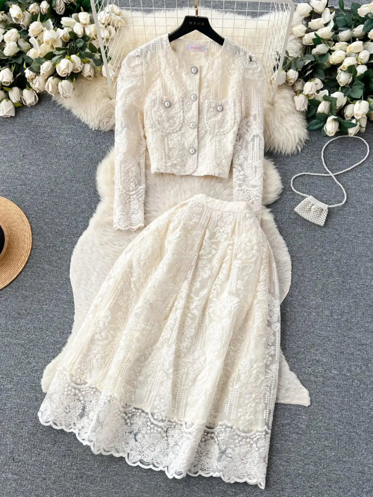 Vintage Elegant Two Piece Set Women Solid Lace Round Neck Long Sleeve Button Short Tops And High Waist Pleated Midi Skirt Autumn