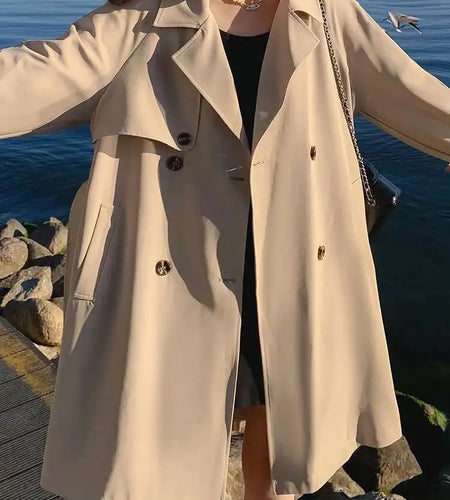 Women Khaki Back Pleated Big Size Elegant Trench New Lapel Long Sleeve Windbreaker Fashion Tide Spring Autumn 2025 1DH9716