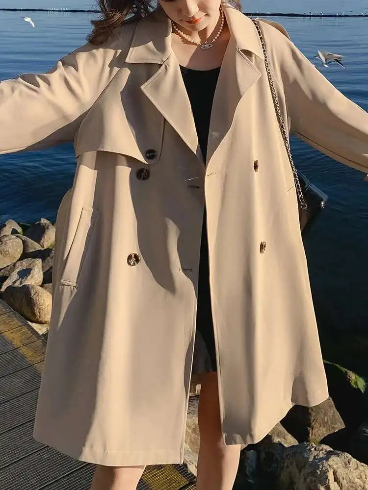 Women Khaki Back Pleated Big Size Elegant Trench New Lapel Long Sleeve Windbreaker Fashion Tide Spring Autumn 2025 1DH9716