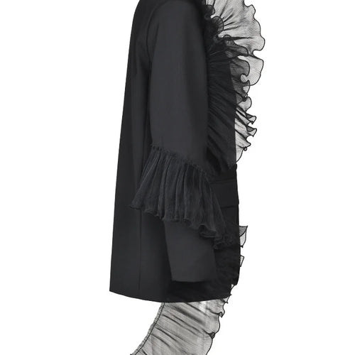 Load image into Gallery viewer, Women Black Organza Ruffles Big Size Blazer New Lapel Long Sleeve Loose Fit Jacket Fashion Spring Autumn 2025 1DE392101
