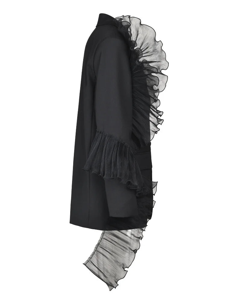 Women Black Organza Ruffles Big Size Blazer New Lapel Long Sleeve Loose Fit Jacket Fashion Spring Autumn 2025 1DE392101