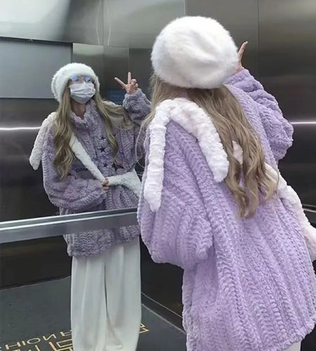 Japanese Embroidery Star Fluffy Women Coats Fashion Sweet Y2k Aesthetic Oversized Jackets Grunge Casual Loose Zipper Purple Coat