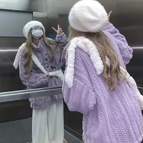 Load image into Gallery viewer, Japanese Embroidery Star Fluffy Women Coats Fashion Sweet Y2k Aesthetic Oversized Jackets Grunge Casual Loose Zipper Purple Coat
