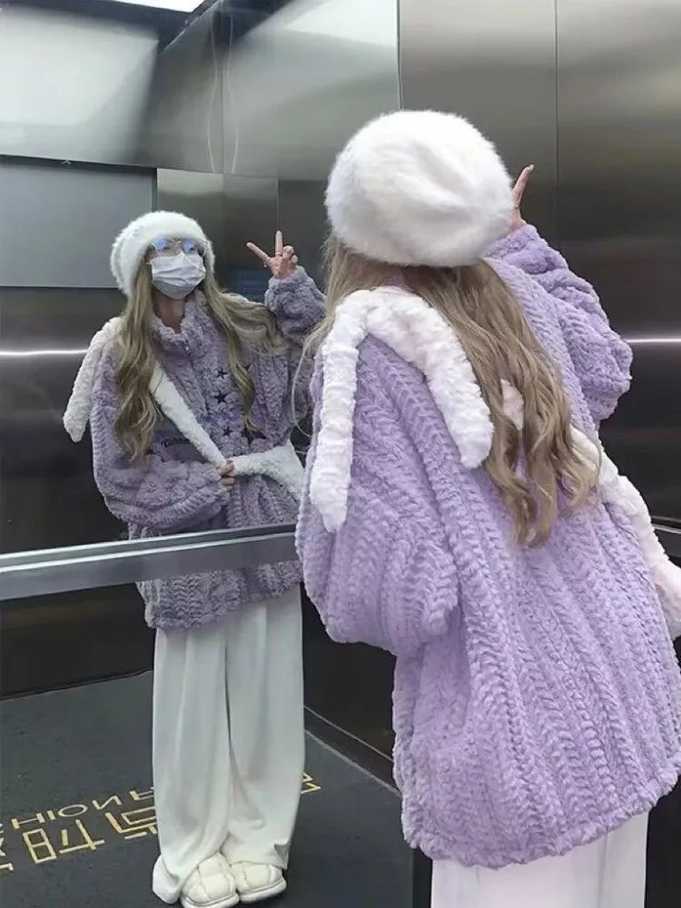 Japanese Embroidery Star Fluffy Women Coats Fashion Sweet Y2k Aesthetic Oversized Jackets Grunge Casual Loose Zipper Purple Coat