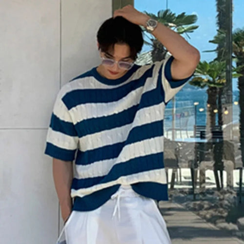 Load image into Gallery viewer, Fashion Men&#39;s T-shirts Stripe Kintted Loose Clothing O-neck Short Sleeve Contrast Color Male Pollover Top Summer 9C6482
