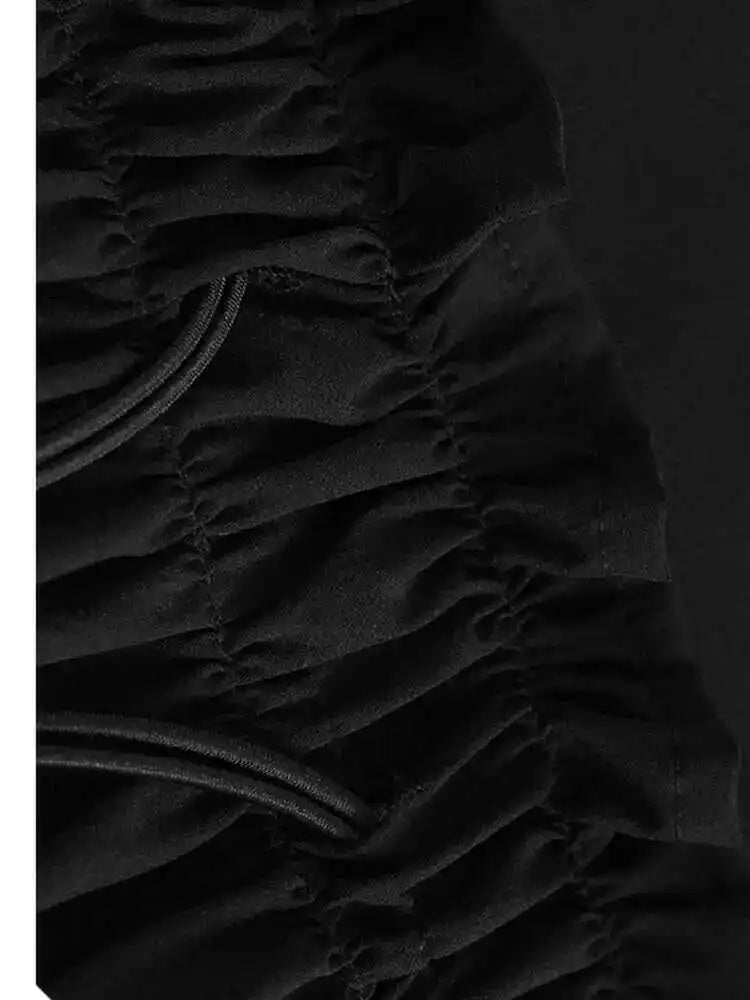 Women Black Pleated Drawstring Big Size Midi Dress New Round Neck Short Sleeve Fashion Tide Spring Summer 2025  1DH6181