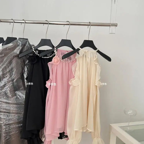 Load image into Gallery viewer, French Vintage Ladies Pink Pearl Round Neck Halter Short Tops Spring Autumn Beige Elegant Long Sleeve Off Shoulder Shirt Popular
